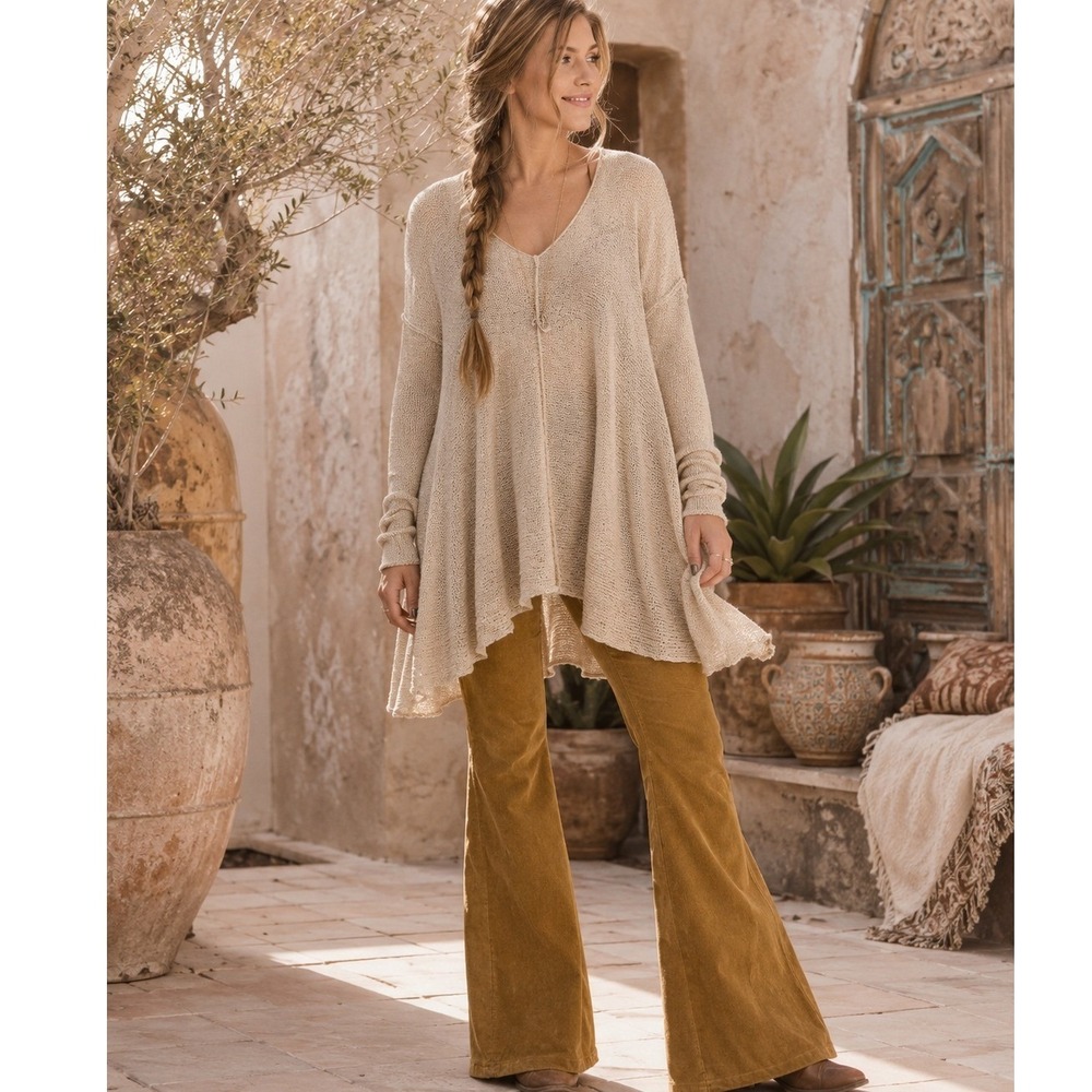 Free People Dancing In The Forest Tunic Sweater Beige Wool Alpaca Blend Large